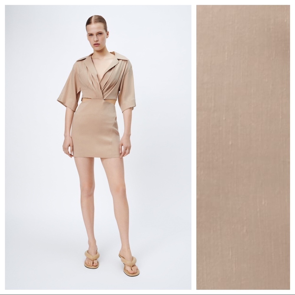 🌹NWT. Zara Sand Cut-out Mini Dress. Size M. - Picture 1 of 10